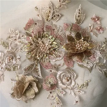 1 Peça Elegante 3D Lantejoulas Flor de Apliques de Renda de Costura Guarnição Pérola Frisado de Ouro Para o Vestido de Noiva Figurino