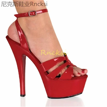 15cm Linda vermelho ultra-alta calcanhar sexy sandálias boate, palco, passarela calçados de uso de negócio sapatos