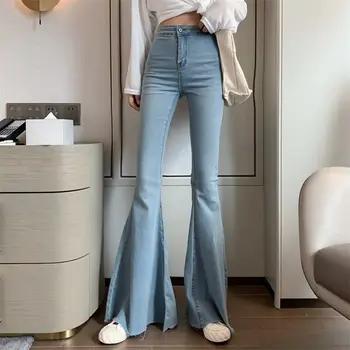 2021 Mulheres Primavera-Verão da Cintura Alta Elástico Fino Trombeta Calças Jeans Feminino Vintage Chic Jeans Para Mulheres