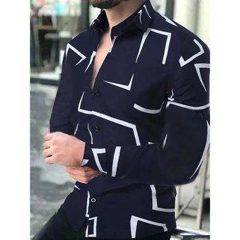 2021 Nova estampa Geométrica Camisas dos Homens de Moda Vire para baixo de Gola, Abotoado Camisa masculina Outono Casual Manga Longa Casaquinho de Streetwear