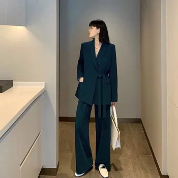 2021 Nova Moda Digna Sentido de Design coreano Estilo Solto Wide Leg Pants Duas peças Retrô Terno das Mulheres Primavera