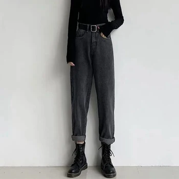 2021 Reta feminino Calças Vintage Casual Bolsos das Senhoras Casual Jeans Preto Primavera, Outono, Calças de Cintura Alta Calça para mulheres