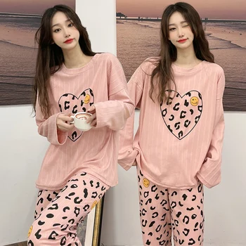 2022 Primavera de Manga Longa 100% Algodão Leopard Pijama Conjuntos para as Mulheres Solta Pijamas Atender de Pijama Homewear Pijamas Mujer Casa Roupas