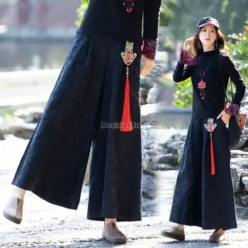2023 chinês tradicional calças de estilo nacional do jacquard de algodão e linho grande perna de calça vintage graciosa solto e casual calças