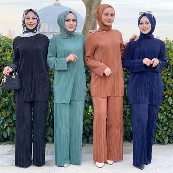 2pcs de Mulheres Muçulmanas Plissado Tops de Manga Longa, de Perna Larga Calças Calças de Terno Dubai Abaya turco Kaftan de Vestuário Islâmico Cor Sólida
