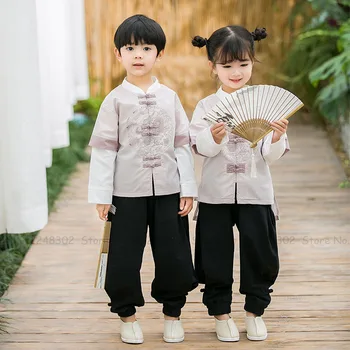 3Colors Menino Menina de Estilo Chinês, o Dragão de Impressão Tang Atender Crianças Qipao Tops Casaco Calças Cheongsam Camisas de Crianças Orientais Conjunto de Roupas