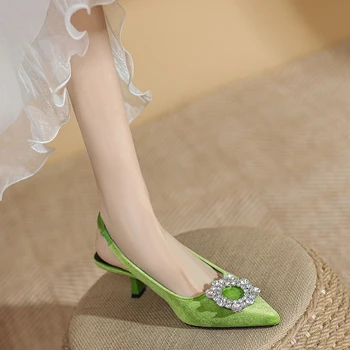7cm Verde Senhoras Sapatos Pretos de Salto Alto Primavera do cristal de rocha da Praça de Bombas de Mulheres Sapatos de Escritório Vestidos Slingback Saltos Talon Femme