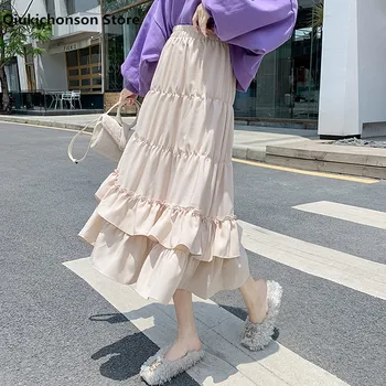 A Coleção Primavera / Verão As Mulheres-Coreano Moda Elástico De Cintura Alta Bonito Bolo Em Camadas Ruffle Saias Meninas Adolescentes Enrugada Saia Plissada Preta