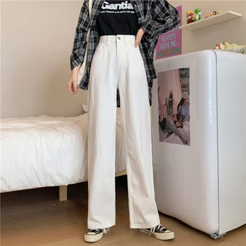 A Mulher De Preto Calça Jeans Reta De Cintura Alta Calças De Perna Larga Jeans Branco Streetwear Moda Vintage Denims Reta Calças Compridas