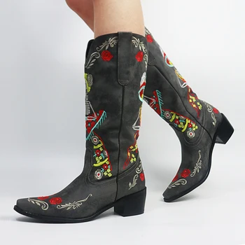 AOSPHIRAYLIAN Ocidental Botas de Cowboy Para as Mulheres, Bordado Praça Salto Retrô Vintage Ocidental Cowgirl Sapatos femininos