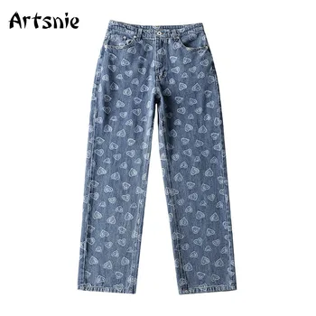 Artsnie Streetwear Coração De Impressão De Jeans, Calças De Mulheres De Outono 2021 Cintura Alta Vintage Bordado De Azul Jeans Reta De Senhoras Calças Compridas