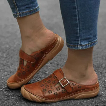 As Mulheres Sapatos De Sandálias De Verão Fivela De Flats Senhoras Sapatos Fundo Macio Retro Baotou Confortável Ocos Flores Chinelos 43