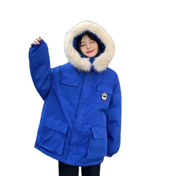 Azul de Algodão Casaco Acolchoado Mulheres coreano Moda Gola de Pele Solta Bolsos da Jaqueta Mulheres 2022 Inverno Casual Warm Coats Feminino LD2746