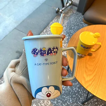 Azul Gordura Homem Jingle Gato Doraemon Cerâmica Caneca de Água de Vidro Alunos e alunas com Tampa Colher de Casal Xícara de Café Líquido Vermelho Copa