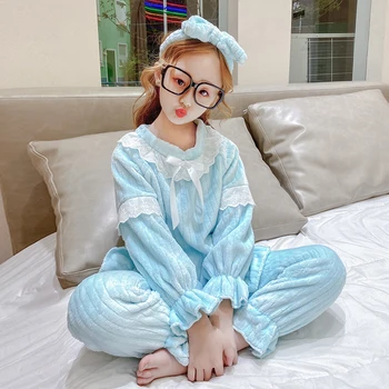 Bebê bonito Meninas de Pijama de Flanela, Veludo, o Sleepwear Terno Suaves Noite de Inverno, Roupas de Renda 2pcs Conjuntos de Outono Criança Menina Homewear Novo