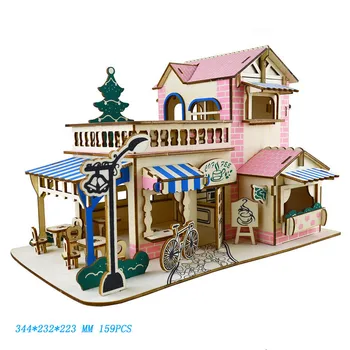 Bonecos de madeira móveis de Casa de brinquedos de DIY assembleia casa de bonecas em Miniatura casa de café para as meninas presentes crianças 3D puzzles brinquedos