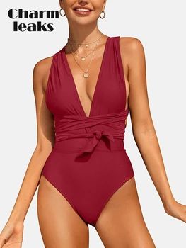 Charmleaks Mulheres Um Maiôs Sexy Mergulhar o Decote em V sem encosto Empate Auto Monokini Alta Corte Swimwear