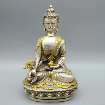 Colecionáveis Fengshui Chinês Branco Cobre Escultura Artesanato Do Buda Da Medicina, Farmacêutico Buda Saúde E Longevidade Estátua