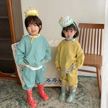 Conjuntos de Manga comprida O-Colar de pescoço Sólido Regular Camisola de Algodão Casual de Moda Confortável Primavera, Outono Unisex Crianças