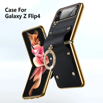 Couro de luxo Galvanizados Brilhante Moldura Capa para Samsung Galaxy Z Flip 4 3 Flip4 Rebite de Metal de Suporte do Anel Completo da Dobradiça Caso de Volta