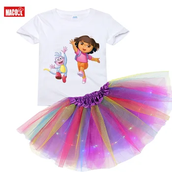 Crianças de Manga Curta T-shirt+Paetês Skirtstar Malha Lantejoulas Saia Tutu da Três-camada Pettiskirt Princesa Ballet Tutu Petticoat