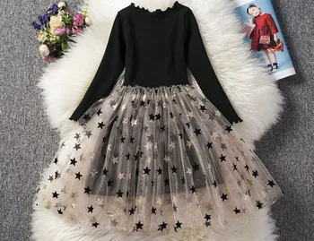Crianças de Uma peça Vestido de Princesa Pequena Estrela de Lantejoulas Vestidos Para Meninas Elegante Saia Preta de Alta Moda Saia da Bolha