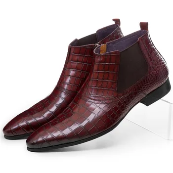 Crocodilo de grão retro tan Marrom / preto de tornozelo mens botas de couro genuíno Chelsea botas de mens sapatos de negócios