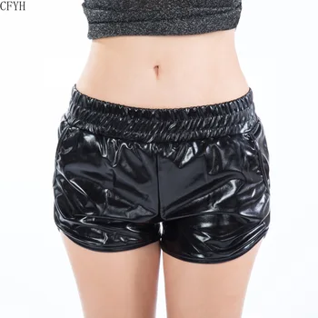 Curto Calças De Moda De Mulheres Negras Calça Meados De Cintura Esporte Calças Shorts Metalizado Brilhante Calças