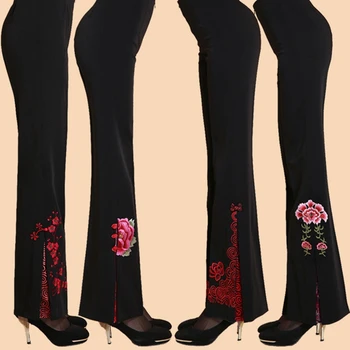 De meia-idade Tang terno de calça брюки женские mulheres de calças bordadas senhoras de calças de perna larga calças de cintura alta