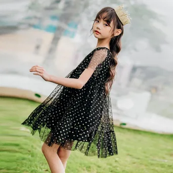 DFXD Crianças Vestido de Festa 2019 Verão de Novo de Alta Qualidade de Algodão de Manga Curta Dot Net Véu Princesa Vestido de Uma linha Grande de Vestidos de Raparigas