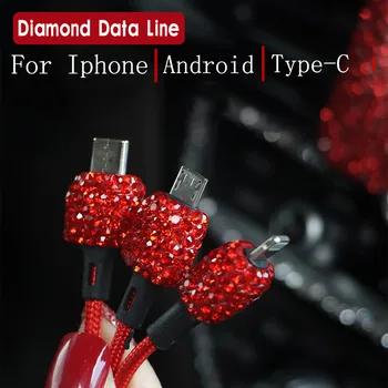 Diamante de cristal Linha de Dados de USB Para o Carregador do Telefone Móvel Carro-Carregador Duplo do Carro do USB do Carregador do Telefone a Linha de Dados de um Fio no Carro Ornamentos