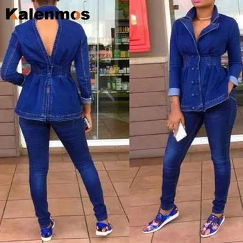 Duas Peças de Conjunto de Mulheres de Brim Jaqueta Jeans Curativo Calças moda Bodycon Pelagem Longa África Maxi Terno Ropa Mujer