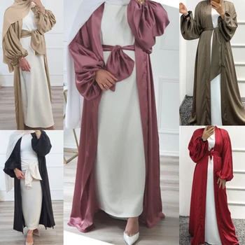 Eid Abrir Abaya Kimono Liso de Cetim Abayas para as Mulheres Dubai Bolha de Manga Hijab Muçulmano Vestido Marroquino Kaftan Turquia Islã Roupas