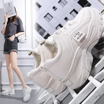 Espessa sola casuais sapatos de desporto para as mulheres,confortável sólido sapatos brancos para estudantes