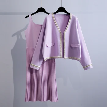 Estilo Doce Para 2 Peças Malha Mulheres Conjuntos De Outono Nova 2022 Cardigan Suéter Roxo Plissado Vestido Elegante Vestuário Feminino Ternos