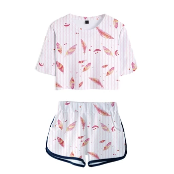 Folha de Impressão 3D de Duas peças de Conjunto de Mulheres de Calça Curta T-shirt Terno de Esportes Mini Calças Curtas Moda Floral Mulheres de Fitness Terno Crop Tops