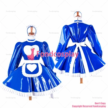 fondcosplay sexy cruz de vestir sissy empregada curto coração pesado de PVC de Limpeza Vestido com fechadura azul francês Uniforme de CD/TV [G1594]