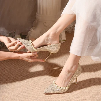 Francês Sapatos De Casamento Sapatos De Noiva Principal Do Vestido De Casamento De Dois Desgaste 2021 Novo Inverno Feminino De Cristal Salto Alto, Não Pés Cansados