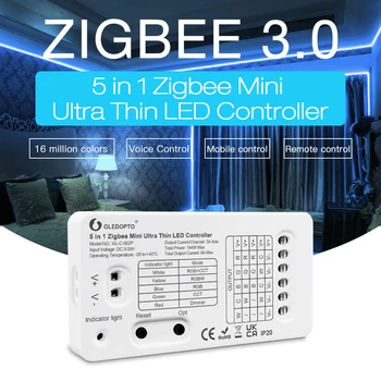 Gledopto Zigbee Pro Mini 5 em 1 DIODO emissor de luz do Controlador RGBCCT/RGBW/RGB/WWCW/Dimmer Super Fino Smart APP/Voz/RF Controle Remoto DC5-24V