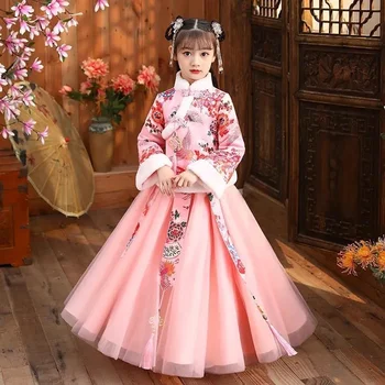 Hanfu Meninas Traje Cheongsam China, O Ano Novo Festa Da Primavera, Roupas De Inverno, Espessamento De Túnica Quente Desempenho Flor Vestidos De Criança