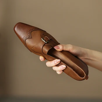 Heihaian Marrom Sapatos De Senhoras Nova Primavera 2023 Dedo Do Pé Quadrado Estilo Vintage, Sapatos Com Salto Grosso E Fivelas De Cinto