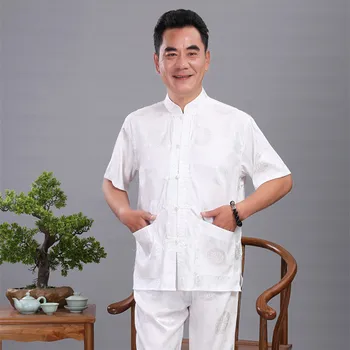 Homens de Kung Fu Terno Chinês Dragão branco Wu Shu Uniforme Tai Chi Roupas Camisa de Manga Curta+Calça comprida Conjuntos M -4XL