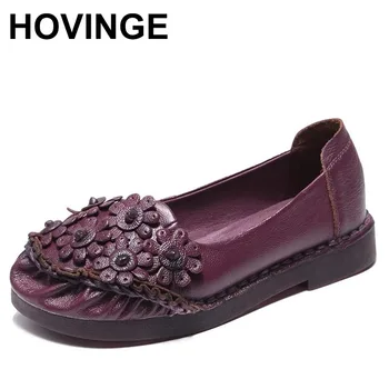 HOVINGE Sapatos 2021Spring de Moda Desenho de Flor do Dedo do pé Redondo Fundo Macio Vintage de Couro Genuíno Mulheres Flats Menina Loafer Grande