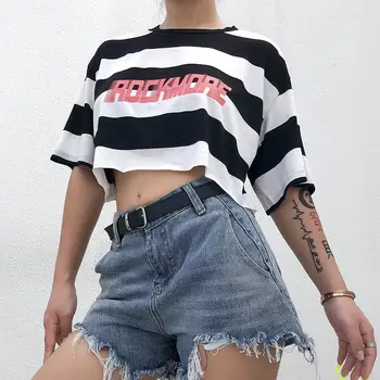 JieZuoFang 2019 Letra da Faixa T-shirt das Mulheres estilo Gótico Solta Verão Tops Hip Hop Tees Streetwear Escola Jovem Crop Top