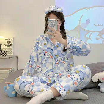 Kawaii Sanriod Anime Hobby Cinnamoroll Pom Pom Purin Coral De Lã Quente Loungewear De Inverno Senhoras Muito Pijamas De Pelúcia