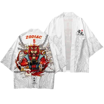 Kimono Terno Samurai Harajuku Cardigan Mulheres Homens Cosplay Yukata Tops, Calças Conjunto de 2021 5xl 6xl Tigre Branco Impressão Moda Japonesa