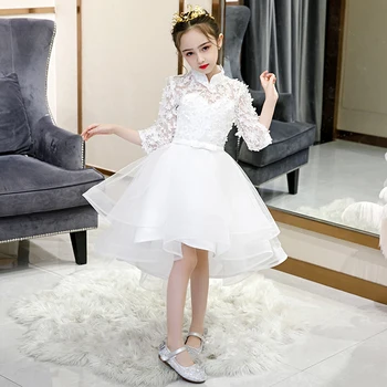 Laço branco Vestido da Menina de Flor para a Festa de Casamento Aniversário de Princesa Concurso Vestido de baile Apliques de Meia Manga Primeira Comunhão Traje