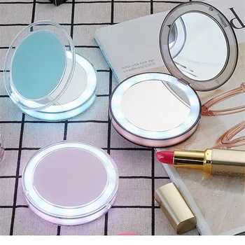 LED espelho de maquilhagem humanos sensor portátil rodada recarregável de dobramento espelho de maquiagem portátil espelho 3 vezes de ampliação