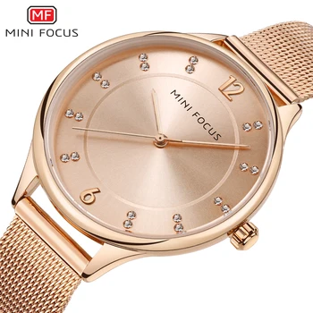 MINI-FOCO de melhor Marca de Luxo de Quartzo Mulheres Relógios Strass Decoração Rosa Dourada Pulseira de Malha Elegante de Senhoras relógio de Pulso Relógio