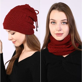Moda das Mulheres Beanies Knitted Chapéu de Sólidos da Baixada Lenço Dois Usos Quente Gorro para as Mulheres de Outono Inverno Feminino Gorro Pac